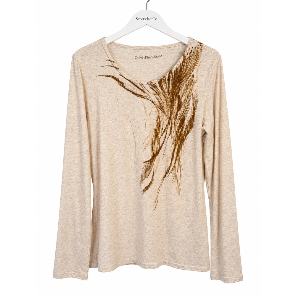 Calvin Klein Jeans Top Womens XL Beige Feather Graphic Long Sleeve Beaded Shirt